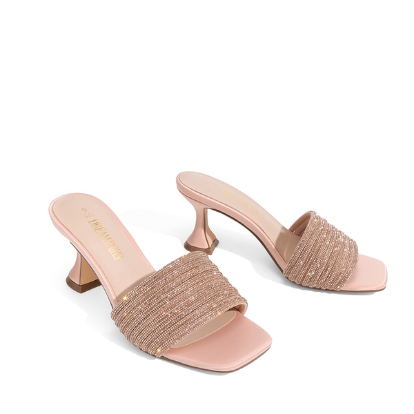 Rhinestone Flared Heel Sandals - ROSE GOLD - 4